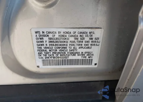 2006 Honda Pilot Lx from USA, damaged, VIN 2HKYF18126H532527